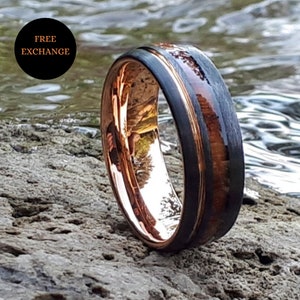 Koa Wood Mens Ring, Tungsten Ring, 8mm Black Ring, Men&#39;s Wood Ring, Gift For Husband, Tungsten and Wood Wedding Band, Black tungsten,