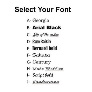 May include: A list of font names with a letter and a hyphen before each name. The font names are: Georgia, Arial Black, Lilly of the valley, Rum Raisin, Bernard bold, Sahara, Century, Made Waffles, Script bold, and Handwriting.