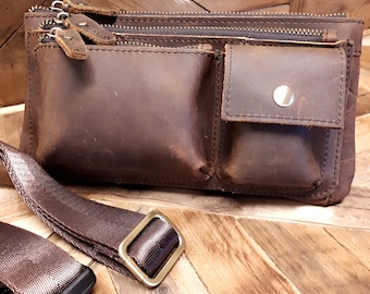 Personalized Leather Belt Bag,  Travel Waist Bag, Crossbody Waist Pack, Genuine Leather Bum Bag ,  Belt Bag in Rustic Leather, Fanny Pack