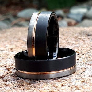 Men 8mm, Black Rose Gold Line, Wedding Band,  Engagement Ring, Men&#39;s Jewelry, Bague Homme, Black and Gray Brushed Tungsten Ring, Comfort Fit
