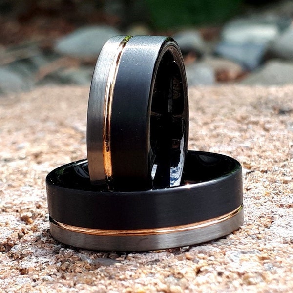 Men 8mm, Black Rose Gold Line, Wedding Band,  Engagement Ring, Men's Jewelry, Bague Homme, Black and Gray Brushed Tungsten Ring, Comfort Fit