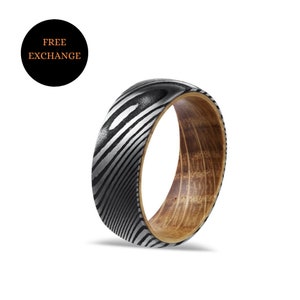 Damascus steel ring, Damascus steel wedding band, Damascus Steel Wooden Ring, Steel and Wood Ring, 5 year anniversary gifts, Wood Ring