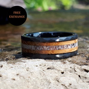 Black Tungsten Men’s Ring, Whiskey Barrel Wood with Deer Antler Inlay, Men's Tungsten Wedding Bands, Tungsten Band with Faceted Edges