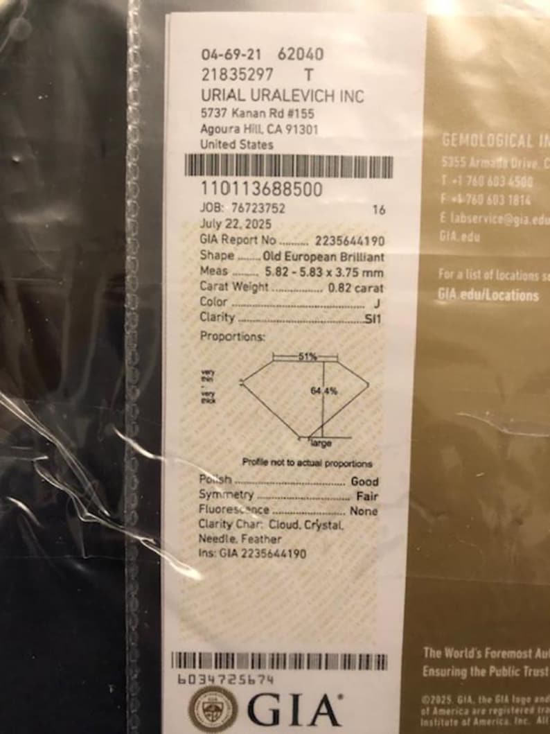 May include: A GIA diamond grading report with details including carat weight, color, clarity, and measurements of 5.82-5.83 x 3.75 mm. The report also lists the shape as Old European Brilliant.