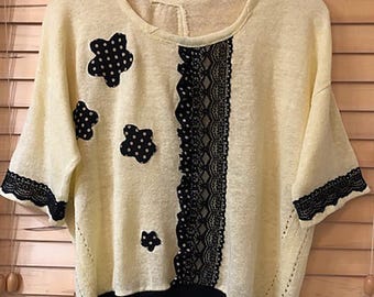 Upcycled Eileen Fisher Linen Top XL - Yellow, Polka Dot Floral Lace