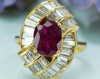 GIA 2.2ct Cushion Ruby Baguette Diamond Ballerina Cocktail Ring 18K Gold Designer Signed Statement
