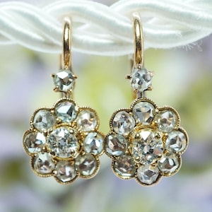 Victorian 18K Gold Old Mine Diamond Dangle Earrings: Floral Dormeuses
