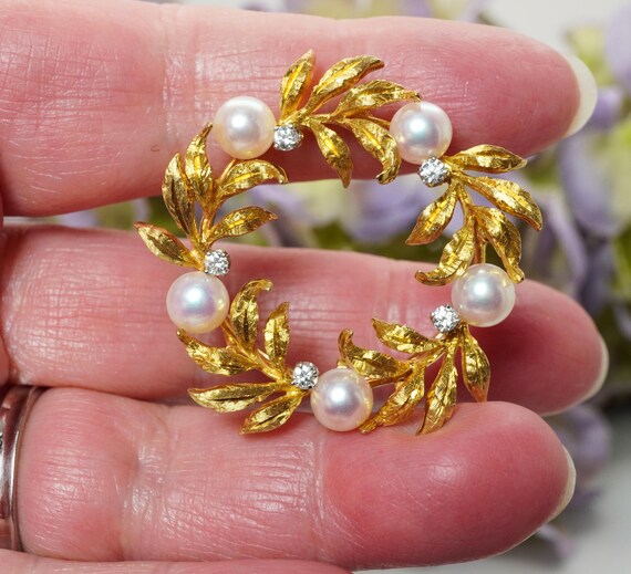 Kurt Wayne Diamond Akoya Pearl Brooch 18K Gold Vi… - image 4