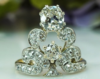 Antique Edwardian Old European Cushion Mine cut Diamond Tiara Crown Ring 14K Gold Estate
