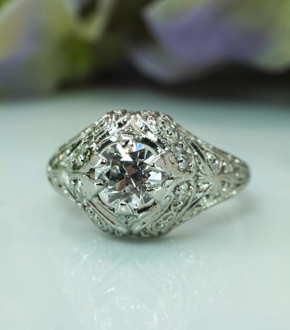 Edwardian ART DECO Platinum Old European Diamond Ring Antique Estate .63ct center Engagement Wedding