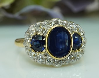 Antique Edwardian Sapphire Old Mine cut Diamond 3 stone Ring 18K Gold Estate