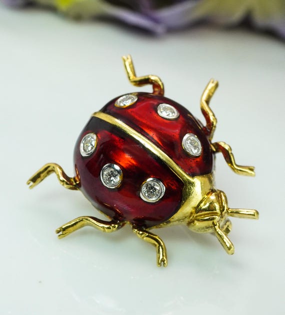 レビアン ダイヤモンド てんとう虫 レッド エナメル ブローチピン 18K 