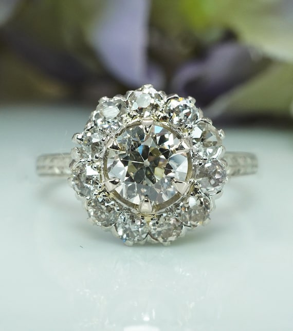GIA Edwardian Platinum Old European Diamond Engagement Halo Ring 1.57ct