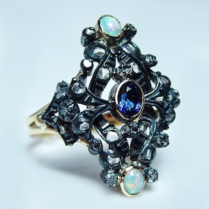 Antique 18K Gold Ring: Opal, Sapphire & Rose Cut Diamond Cocktail Ring