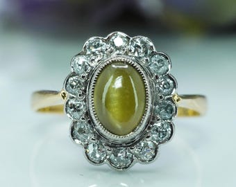 Antique Chrysoberyl Cat's Eye Diamond Ring: 18K Gold Platinum Edwardian Jewelry
