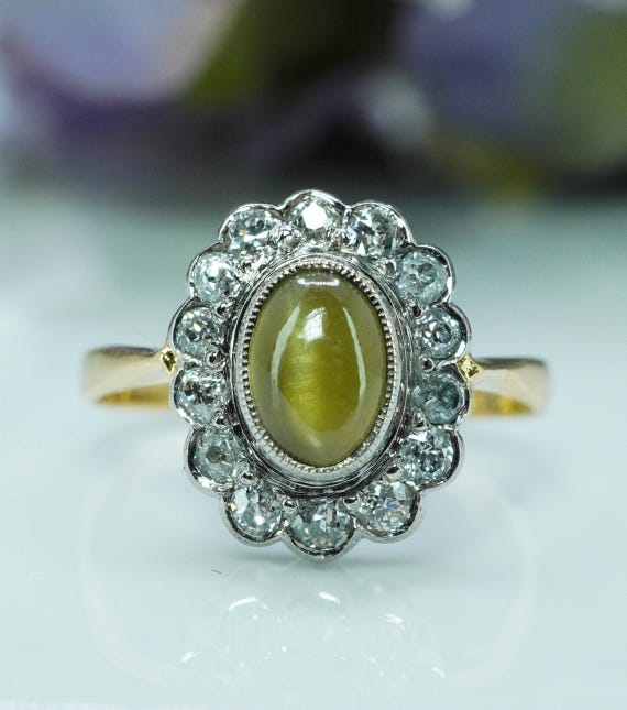 Antique Chrysoberyl Cat's Eye Diamond Ring: 18K Gold Platinum Edwardian Jewelry
