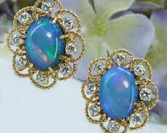 Vintage 14K Gold Opal Diamond Earrings: Mid-Century Estate Jewelry