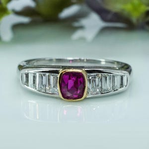 Vintage Platinum Cushion Natural Ruby Diamond Marquise Baguette Ring Band Estate Statement