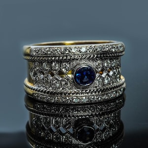 Vintage 18K Gold Sapphire Diamond Ring Cigar Band Heavy Estate Statement