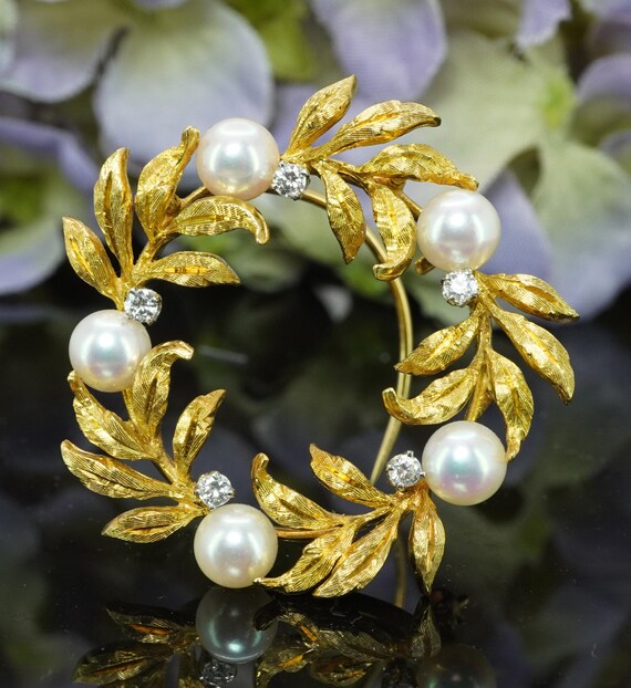 Kurt Wayne Diamond Akoya Pearl Brooch 18K Gold Vi… - image 2