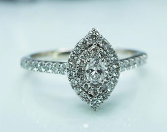 Vintage Oval Round Micropave Diamond 14K White Gold Double Halo Ring Estate Dainty Engagement