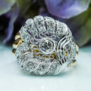 Vintage 18K White Yellow Gold Diamond Filigree Ring Estate Statement Cocktail