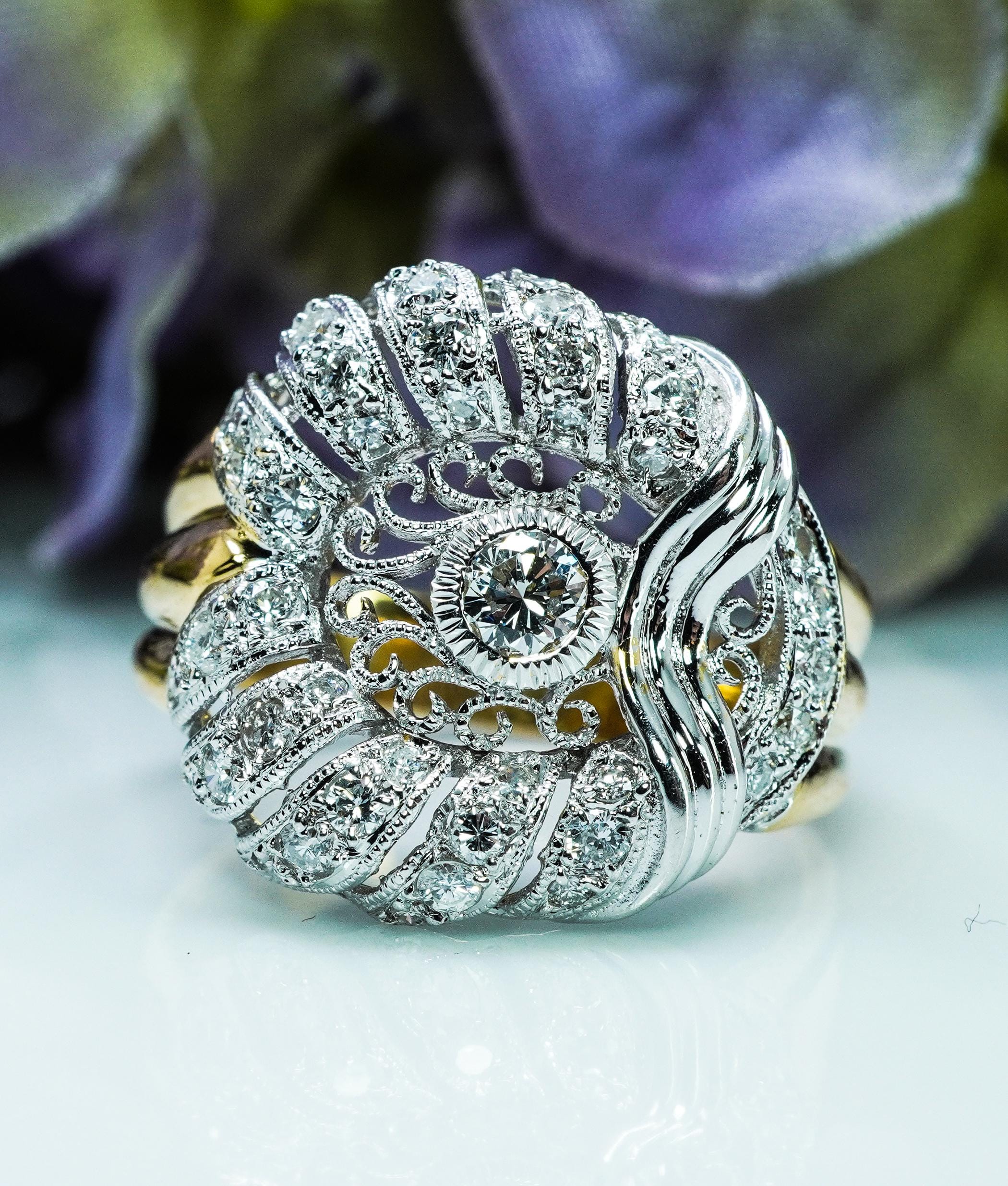 Vintage 18K White Yellow Gold Diamond Filigree Ring Estate Statement Cocktail