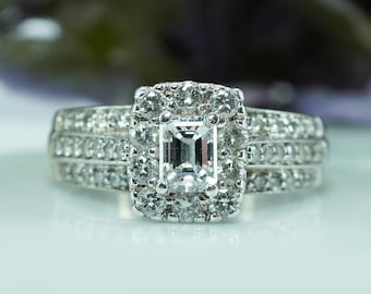 Vintage 14K White Gold Emerald Cut Diamond Halo Engagement Ring Estate Jewelry