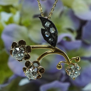 Antique Edwardian Old European Diamond Berry Branch 14K Necklace Estate Jewelry Rosette Flower Floral Nature Organic
