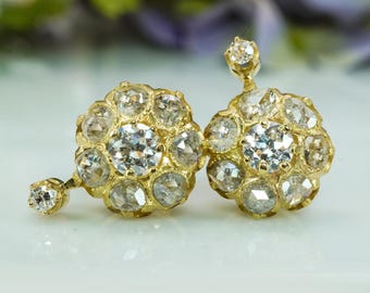 Victorian Old European Rose cut Diamond Floral Earrings 18K Gold 2.1ct Big Look!