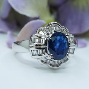 Vintage 18K White Gold Diamond Baguette Sapphire Halo Ring Estate Statement