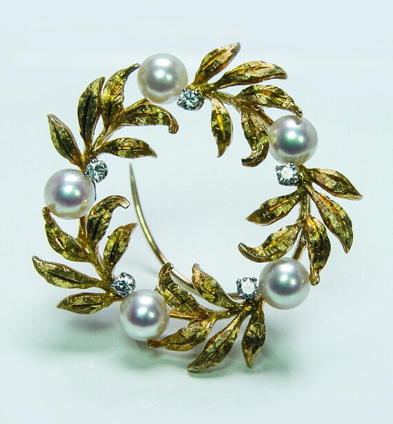 Kurt Wayne Diamond Akoya Pearl Brooch 18K Gold Vi… - image 5