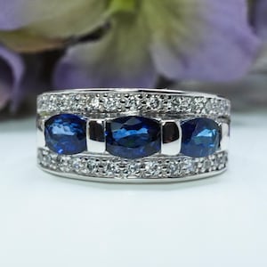 Vintage Ceylon Sapphire Diamond Band Ring 14K White Gold Wide Heavy Estate Statement