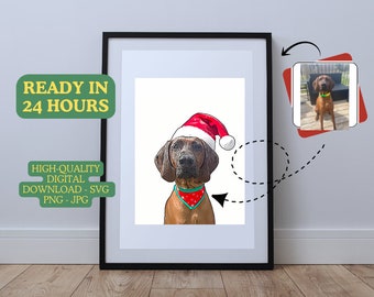 Holiday Pet Portrait with Santa Hat, Christmas Dog Portrait, Gift for Dog or Cat Lover, Santa Christmas Dog Painting, Digital Download