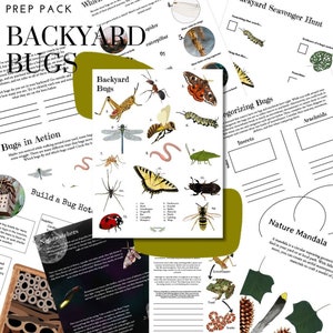 Könnte beinhalten: Ein druckbares Aktivitätspaket für Kinder, um etwas über Insekten im Garten zu lernen. Das Paket beinhaltet eine Schnitzeljagd, eine Insekten-Identifikationskarte, eine Aktivität zum Bau eines Insektenhotels und ein Naturmandala-Basteln.