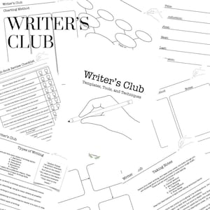 May include: Black and white printable worksheets for a writer's club. The worksheets include a book review checklist, a story charting method, and a section for taking notes.