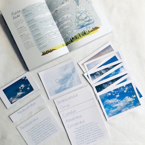 May include: A set of flashcards with images and descriptions of different types of clouds. The cards include names like "Cirrus", "Cumulus", "Stratus", and "Nimbostratus".