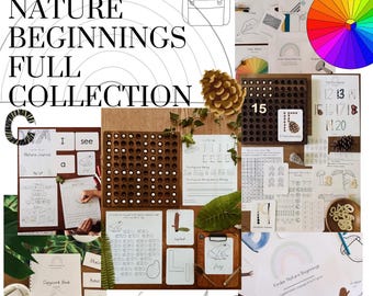 May include: A collection of educational materials for children, including workbooks, flashcards, and wooden number boards. The image features the text "Kinder Nature Beginnings Full Collection" and illustrations of nature elements.