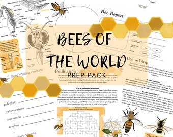 May include: A colorful educational printable pack about bees, featuring illustrations of bees, bee anatomy, bee life cycle, and bee facts. The pack includes a bee report, a bee vs wasp chart, a pollination maze, and a test your knowledge quiz. The text "Bees of the World" is featured in a large font.