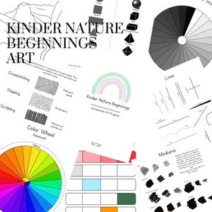 May include: A black and white printable worksheet with the title "Kinder Nature Beginnings Introduction Art Program". The worksheet includes a color wheel, different types of lines, and a section on mediums.