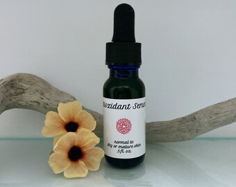 Antioxidant Facial Serum for Dry or Mature Skin — rosehip, cistus, clary sage —  revitalizing, helpful with blemishes. Organic ingredients.