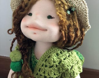 Waldorf-Inspired Doll 18” – OOAK Handmade Art Doll with Natural Wool, Cotton Dress & Hand-Dyed Teeswater Hair – Heirloom Keepsake Gift