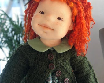 Waldorf-Inspired Doll 18” – OOAK Handmade Art Doll with Natural Wool, Cotton Dress & Hand-Dyed Teeswater Hair – Heirloom Keepsake Gift
