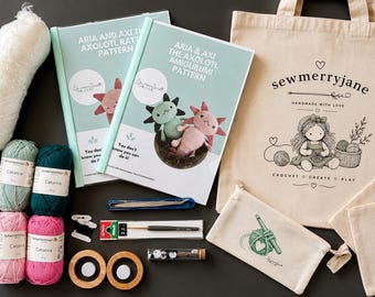 Axolotl Crochet Kit | Complete DIY Amigurumi and Rattle Kit | Printed Patterns, Cotton Yarn All Supplies Included