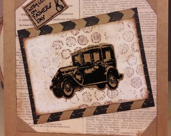 Dad's card. Fathers day card. Male card. Vintage car. Steampunk style card