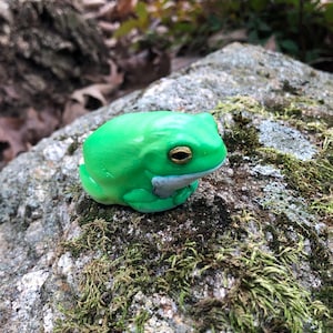 May include: A small green frog figurine with a white underside and gold eyes. The frog is sitting on a mossy rock.