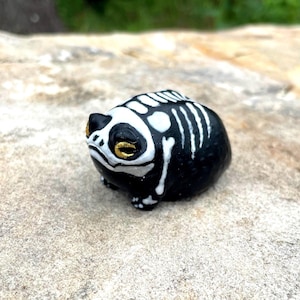 May include: A small, rounded figurine shaped like a frog, painted in a matte black finish. The surface features a white skeletal rib cage and skull pattern painted across the back and head, with metallic gold accents highlighting the eyes.