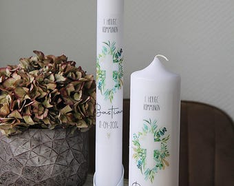 Eucalyptus Baptismal Candle with Cross - Personalized candle for your child's baptism. Individually designed with name, date, and baptismal verse.