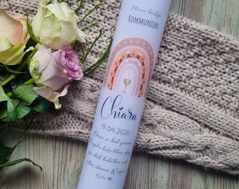 Communion candle with rainbow flowers, boho style "Chiara" - chalice, cross | Pastel nature for girls | Confirmation candle | Personalized christening candle