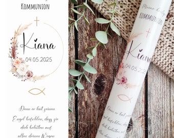 Bougie de communion avec couronne de fleurs, style bohème « Kiana » - feuilles pastel, couronne de fleurs naturelles pour filles | Bougie de confirmation | Bougie de baptême personnalisée